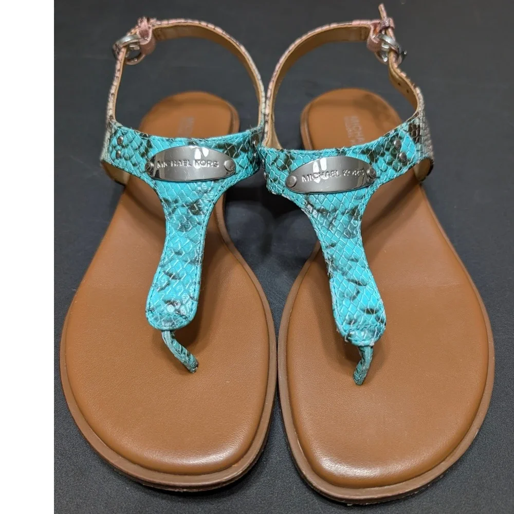 Michael Kors Womens Snakeskin Embossed Leather Thong Sandals Turquoise Pink 8M